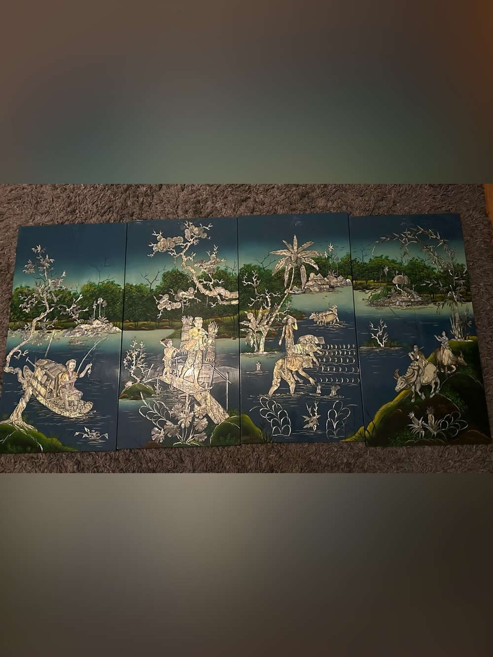 Vintage 4-Panel Vietnamese Laquer & Mother of Pearl Wall Decor 32x64